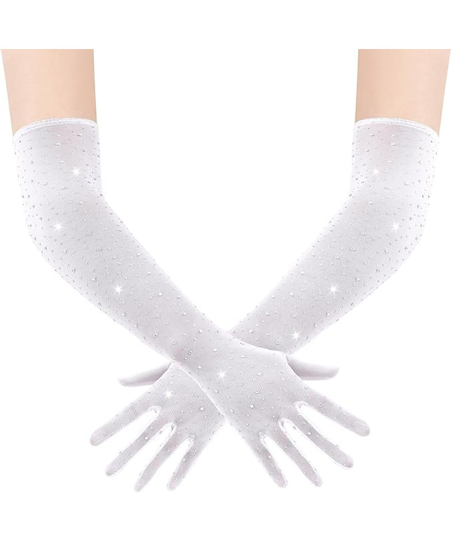 BABEYOND Mesh Gloves for Women - Long Rhinestone Tulle Sheer Sparkly Elbow Length Stretchy Accessory for Opera Party