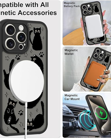 Cute Magnetic Case for iPhone 15 Pro Max Case [ Compatible with MagSafe ] with Black Cat Cats Pattern Design for Women Girls Boys, Soft Bumper Hard Back Kawaii Animal Protective Phone Cover