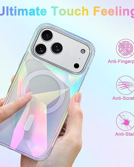 Cute Case for iPhone 17 Pro Case for Women Girls [ Compatible with Magsafe ] Clear Glitter Girly Aesthetic Rainbow Sparkly Bling Magnetic Phone Cover, Iridescent Geometry
