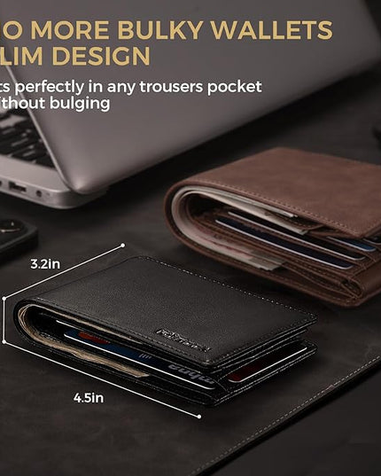 RUNBOX Wallet for Men Bifold RFID Blocking Wallets with 2 ID Window 14 Card Holders 1 cash pocket 1 Gift Box
