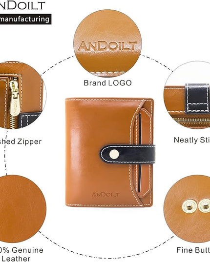 ANDOILT Wallets for Women Genuine Leather Small Bifold Wallet RFID Blocking Card Case Purse with ID Window Coin Pocket | Small, RFID Blocking, Card Case, Purse, with ID Window, Coin Pocket