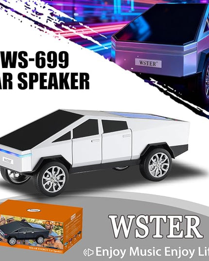 WS-699 Solar Bluetooth Replica Speaker – Future Pickup Truck Design, HD Sound, TWS Stereo Pairing, FM Radio, LED Party Light, USB/TF Playback, Hands-Free Mic, Type-C Charging, Portable Gift (Silver)