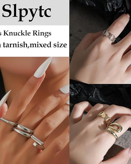 Chunky 14K Gold Plated Stackable Rings Set for Women,Vintage Knuckle Rings Dainty Hollow Carved Joint Finger Midi Rings Pack Adjustable Signet Mixed Size