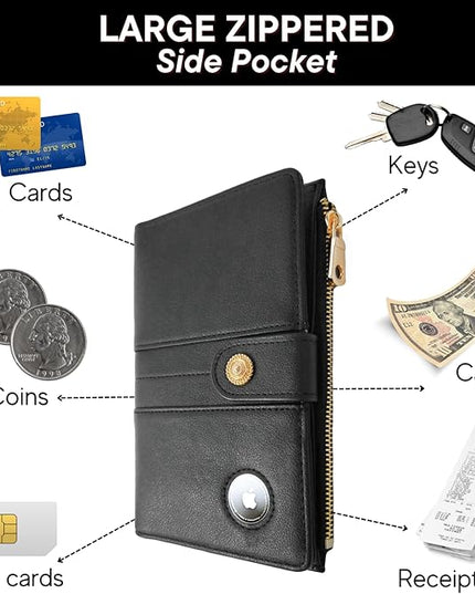 elzama Women's RFID Blocking Passport Wallet, Black with Airtag Holder, Includes Keychain & Pen Holder, Zippered, 11 Pockets, Faux Leather, Slim