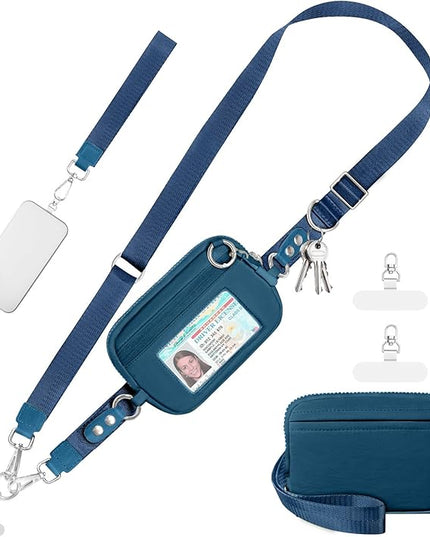 Clip and Go Strap for Phone with Wallet Crossbody Phone Lanyard Adjustable and Detachable RFID Wristlet Wallet with ID Window and Zipper, Blue