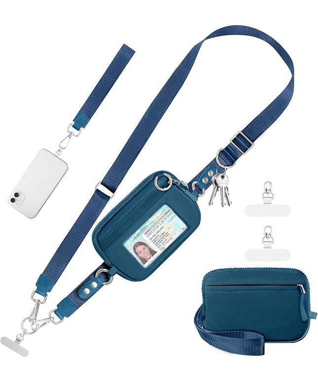 Clip and Go Strap for Phone with Wallet Crossbody Phone Lanyard Adjustable and Detachable RFID Wristlet Wallet with ID Window and Zipper, Blue