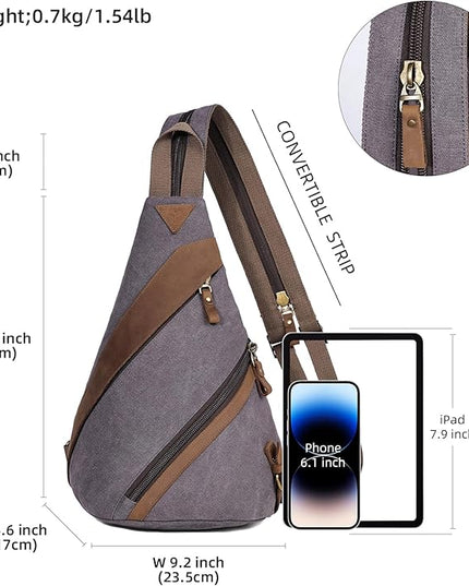 KL928 Canvas Sling Bag for Men Women, Genuine Leather Design Shoulder Crossbody Bags Backpacks Travel Daypack with Earphone Hole Rucksack, Dark Grey