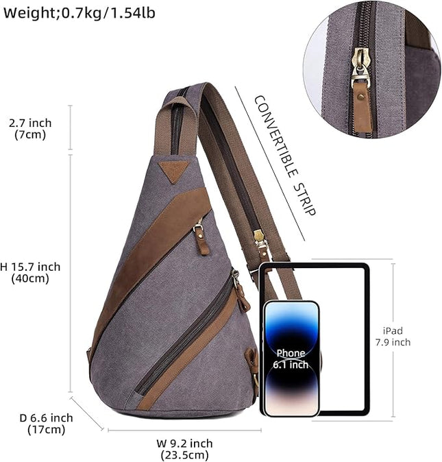 KL928 Canvas Sling Bag for Men Women, Genuine Leather Design Shoulder Crossbody Bags Backpacks Travel Daypack with Earphone Hole Rucksack, Dark Grey