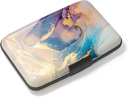 Atufsuat Credit Card Holder, Mini Aluminum Card Wallet RFID Blocking Slim Metal Hard Card Case for Women Men, Pink Gold Marble
