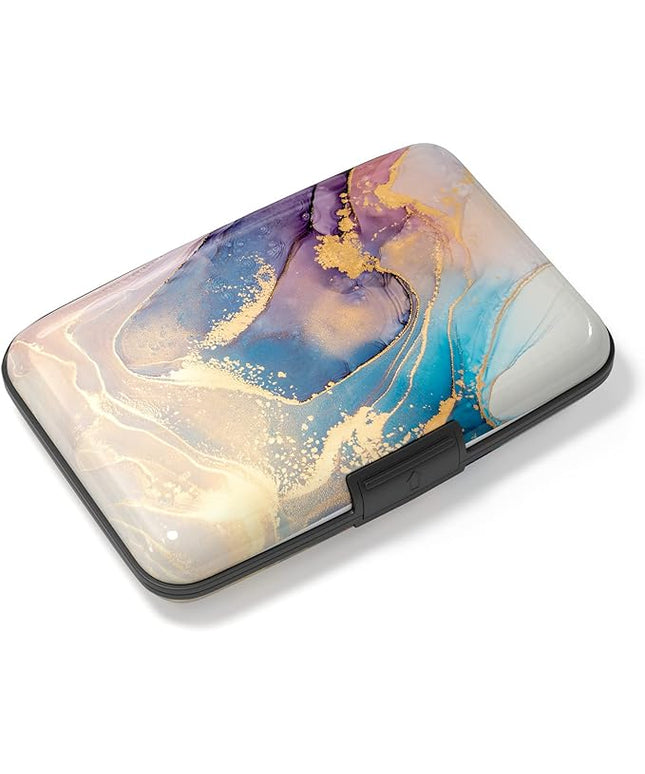 Atufsuat Credit Card Holder, Mini Aluminum Card Wallet RFID Blocking Slim Metal Hard Card Case for Women Men, Pink Gold Marble