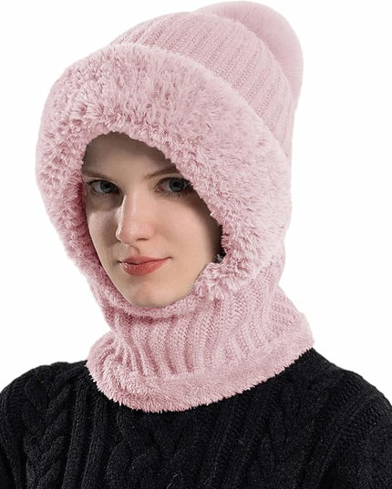 HUAMULAN Women Winter Beanie Hats One Piece Fleece Lined Knit Balaclavas Mask Set Skull Neck Circle Scarf Ski Snow Hat Pompom
