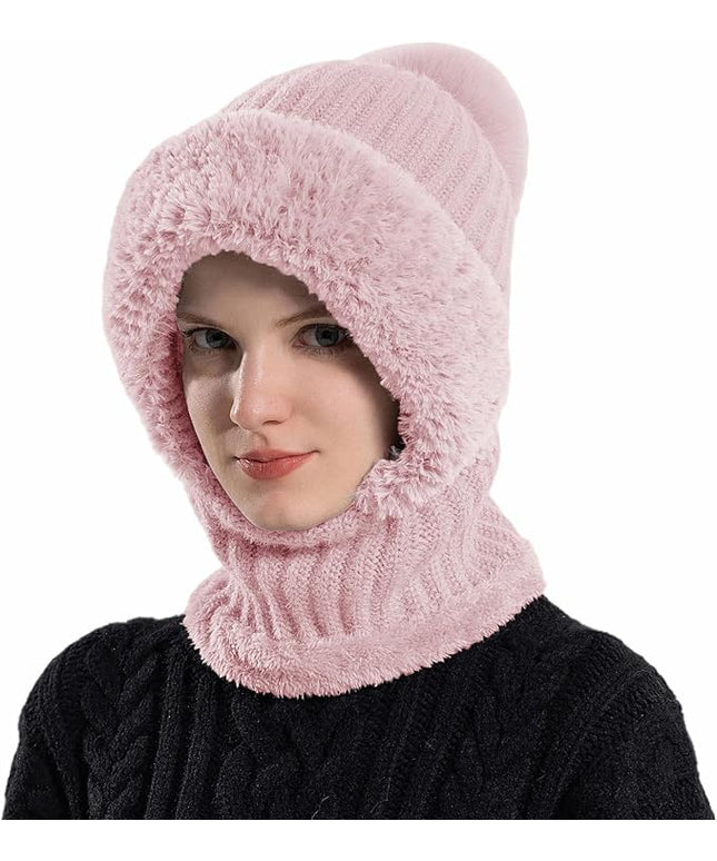 HUAMULAN Women Winter Beanie Hats One Piece Fleece Lined Knit Balaclavas Mask Set Skull Neck Circle Scarf Ski Snow Hat Pompom