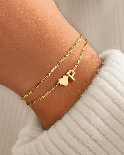 M MOOHAM Valentines Day Gifts for Kids Teen Girls -14K-Gold-Plated Heart Initial A-Z Bracelets for Women Girl Dainty Gold Bracelets Birthday Valentines Gifts for Women Her Teenage Girls Kid Teen Gift