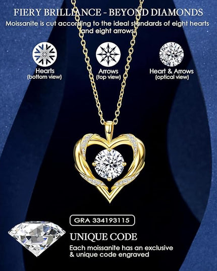Beam & Bask 2-3 Ct Moissanite Heart Necklaces for Women, 18K Gold Plated Romantic Pendant for Anniversary Birthday, 925 Sterling Silver Jewelry for Wife Girlfriend Mom Her