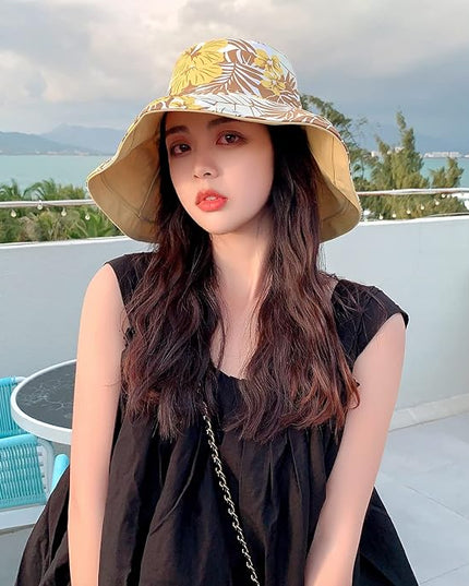 HUAMULAN Women Summer Sun Hat Wide Brim Wired Edge Floral Beach Bucket Hats Reversible Foldable Travel UV Protection Lady Hat