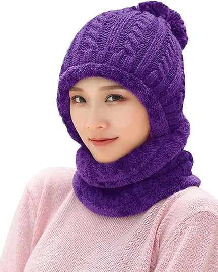 HUAMULAN Women Winter Beanie Hats One Piece Fleece Lined Knit Balaclavas Mask Set Skull Neck Circle Scarf Ski Snow Hat Pompom