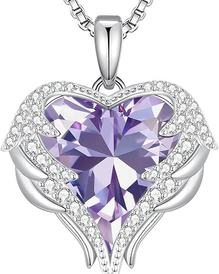CDE Christmas Gifts for Women Angel Wings Necklace for Women with Birthstone, Love Heart Silver Tone/Gold Tone Pendant, Ideal Anniversary or Birthday Jewelry Gifts for Wife Girlfriend Her