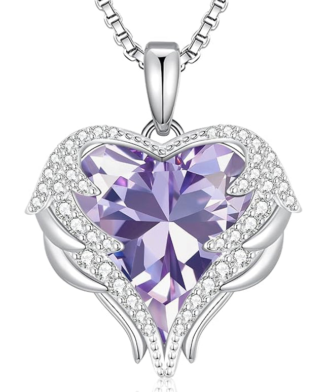 CDE Christmas Gifts for Women Angel Wings Necklace for Women with Birthstone, Love Heart Silver Tone/Gold Tone Pendant, Ideal Anniversary or Birthday Jewelry Gifts for Wife Girlfriend Her