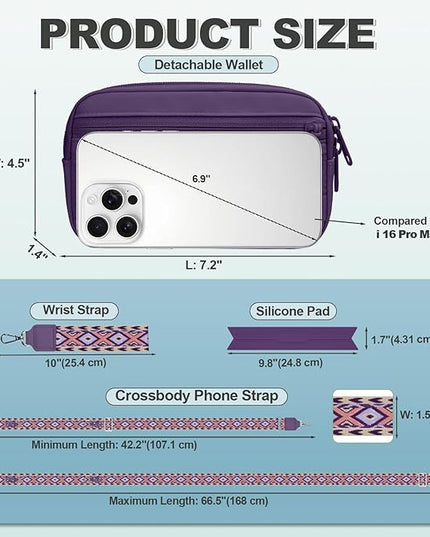 Clip and Go Strap for Phone with Wallet Crossbody, Adjustable Phone Lanyard with Detachable RFID Wristlet Wallet, Pattern Strap - Dark Purple (L)