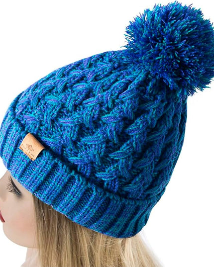 PAGE ONE Womens Winter Ribbed Beanie Crossed Cap Chunky Cable Knit Pompom Soft Warm Hat