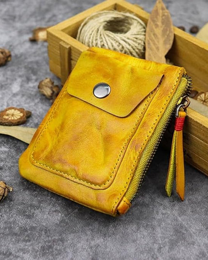 ZYLOXAR Genuine Leather Coin Pouch with Zipper Snap Closure Crazy Horse Wallet for Women (Yellow)