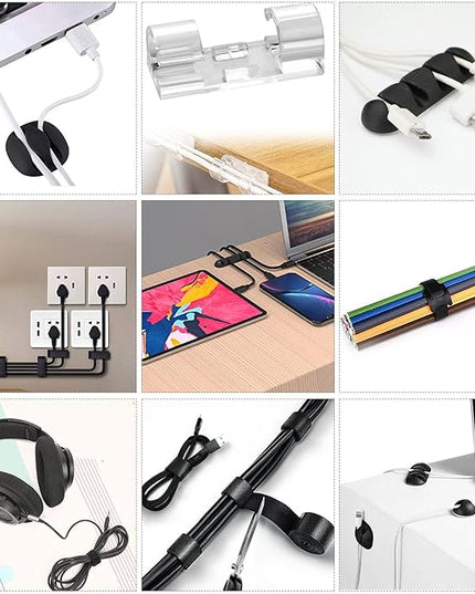 Cord Management Organizer Kit 4 Cable Sleeve split with 41Self Adhesive Cable Clips Holder, 10pcs and 2 Roll Self Adhesive tie and 100 Fastening Cable Ties for TV Office Car Desk Home
