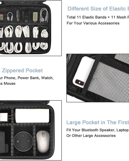 MATEIN Cable Organizer Bag, Waterproof Travel Electronic Storage, Shockproof Portable Double Layer Tech Bags Carrying Case for Cord, Earbuds, Charger, SD Card, DJ Gifts, Black
