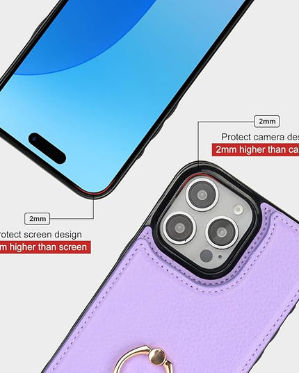 Folosu Compatible with iPhone 16 Pro Max Case Wallet with Card Holder, 360°Rotation Finger Ring Holder Kickstand, RFID Blocking Leather Protective Double Buttons Shockproof Cover 6.9 Inch Purple