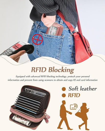 TFKGS Credit Card Holder for Women RFID Wallet Leather Womens Wallet with Zipper Blocking Keychain Card Accordion Wallets Gifts for Women Pink