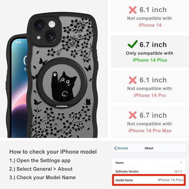 Wavy Case for iPhone 14 Plus Case with Stand [Compatible with MagSafe] Cute Black Cat & Floral & Butterflies Pattern Design, Kawaii 360 Magnetic Ring Kickstand Phone Cover for Women Girls