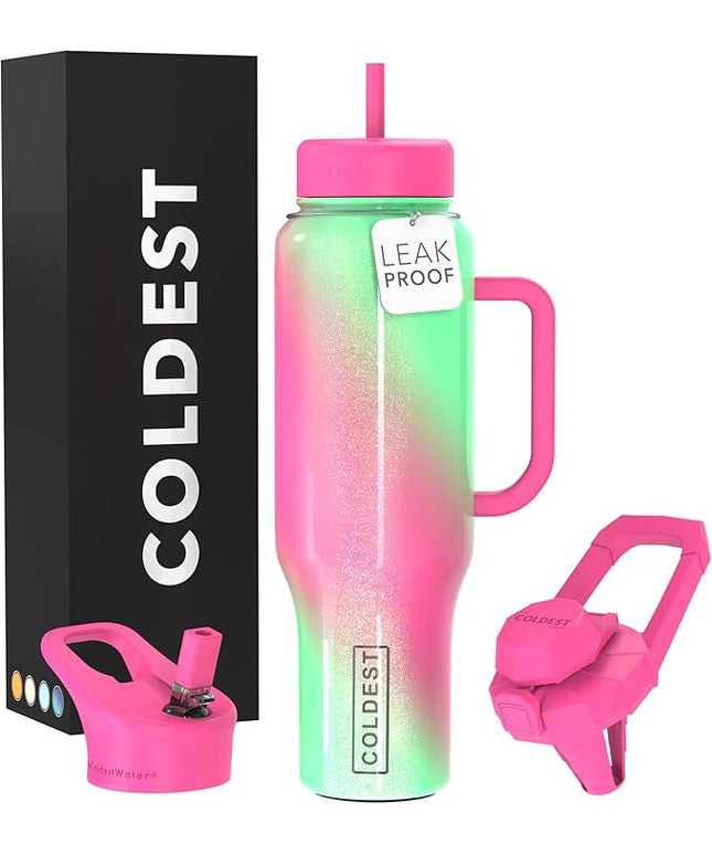 Coldest Tumbler with Handle and Straw, 100% Spill Proof Tumbler with Straw (3 Lids), Stainless Steel Insulated Leakproof Tumblers for Women Men, Cup Holder Friendly, 46 oz (Coldie Dream)