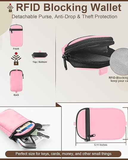 Clip and Go Strap for Phone With Wallet Crossbody (Detachable RFID Blocking Wallet) - Adjustable Phone Lanyard Crossbody with 360° Rotatable Tether Tabs for All Phones (Pink)