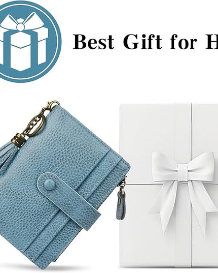 Blucoay Leather Wallet Women,RFID Blocking Small Wallet for Women Compact Card Holder Bifold Tassel Wallet Coin Purse With ID Window lzblue