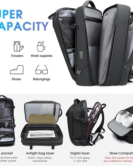 Vacuum Backpack for Men, 50L Expandable Travel Backpack With Vacuum Seal System, Water Resistant 17.3 Inches Laptop Backpack with USB Charging Port-Not Vaccum Pump Included