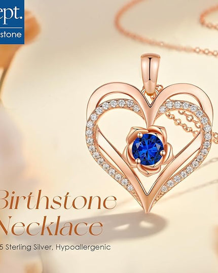 CDE Christmas Gifts for Women S925 Silver Rose Gold Heart Birthstone Necklaces for Women，Ideal Anniversary or Birthday Jewelry Gifts for Wife Girlfriend Her