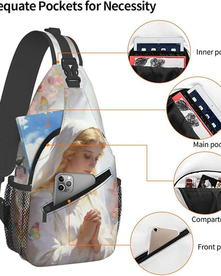 Our Lady of Guadalupe Sling Bag Crossbody Bags Clovers Chest Bag for Travel Hiking for Men Women White Mary 3