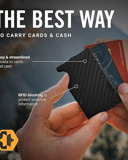 Ridge Wallet for Men - Slim Minimalist Compact Wallet and Card Holder, RFID Protected Front Pocket Wallets for Men with Integrated Cash Strap (Carbon Fiber 3K)