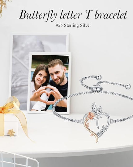 TOUPOP Gifts for Women Rose Heart Initial Bracelet 925 Sterling Silver Butterfly Letter Link Bracelet Love Jewelry Valentines Day Birthday Gifts for Her Wife Girlfriend Mom