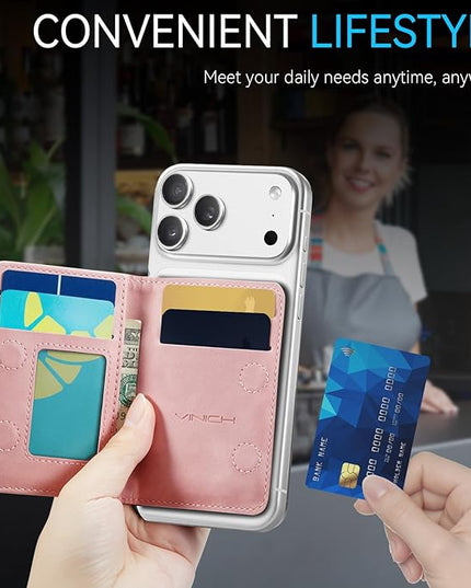 Vinich for MagSafe Wallet Magnetic RFID Blocking Card Holder Compatible with MagSafe Phones and Cases, Strong Magnet Minimalist Phone Wallet for iPhone 17/16/15/14/13/12/ Pro/Max/Plus, Rose Pink