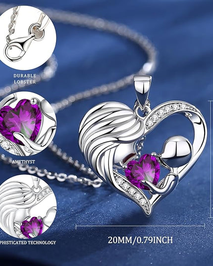 FANCIME Mom Birthstone Necklace Mother and Child Love Heart Necklace I Love You Mom Gifts Mothers Day Birthstone Jewelry Gifts for Grandmother Women Wife, 16"+2" Inches