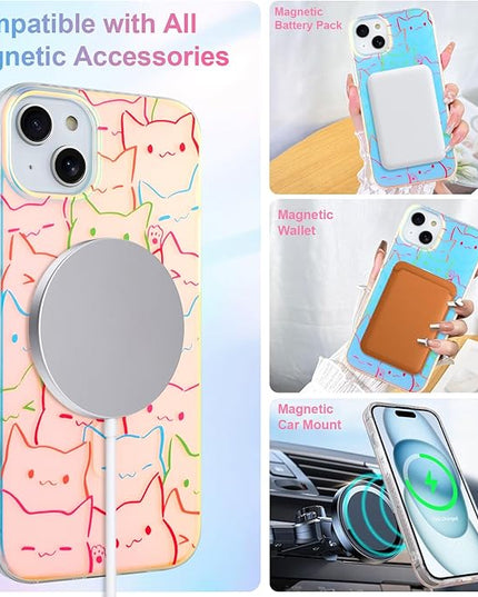 Cute Case for iPhone 15 Case for Women Girls Boys [ Compatible with Magsafe ] Iridescent and Black Cats Cat Pattern Design, Kawaii Colorful Animal Soft Bumper Protective Phone Cover