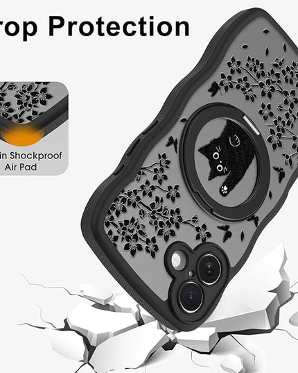 Wavy Case for iPhone 16 Plus Case with Stand [Compatible with MagSafe] Cute Black Cat & Floral & Butterflies Pattern Design, Kawaii 360 Magnetic Ring Kickstand Phone Cover for Women Girls