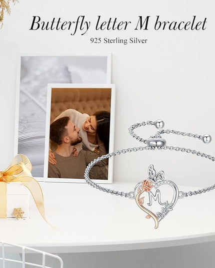 TOUPOP Gifts for Women Rose Heart Initial Bracelet 925 Sterling Silver Butterfly Letter Link Bracelet Love Jewelry Valentines Day Birthday Gifts for Her Wife Girlfriend Mom