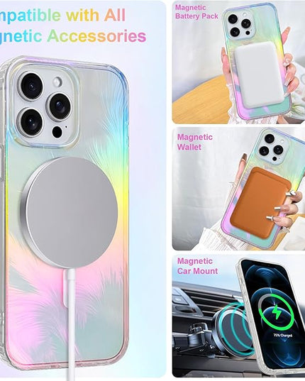 Glitter Case for iPhone 12 Pro Max Case for Women Girls [ Compatible with Magsafe ] Clear Cute Aesthetic Girly Iridescent Feather Sparkly Bling Magnetic Phone Cover, Gradient Blue & Pink