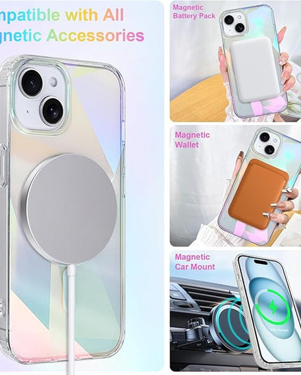 Cute Case for iPhone 15 Case for Women Girls [ Compatible with Magsafe ] Clear Glitter Girly Aesthetic Rainbow Sparkly Bling Magnetic Phone Cover, Iridescent Geometry
