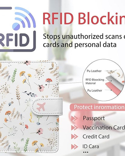 Passport Holder, Travel Wallet Cover with Pen Loop | Cute RFID Blocking Leather Case with Magnetic Closure for Travel Essentials-Flower