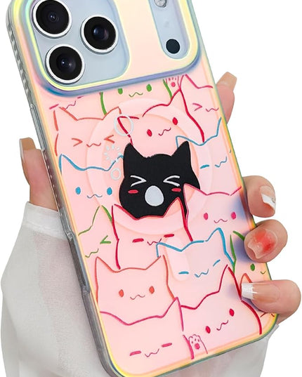 Cute Case for iPhone 17 Pro Max Case for Women Girls Boys [ Compatible with Magsafe ] Iridescent and Black Cats Cat Pattern Design, Kawaii Colorful Animal Soft Bumper Protective Phone Cover