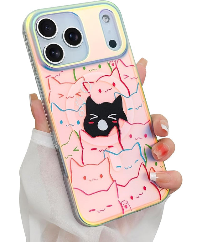 Cute Case for iPhone 17 Pro Case for Women Girls Boys [ Compatible with Magsafe ] Iridescent and Black Cats Cat Pattern Design, Kawaii Colorful Animal Soft Bumper Protective Phone Cover