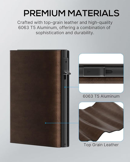 Mens Wallet Card Holder - Smart Wallet for Men, Pop Up Card Case, Top Grain Leather, RFID Blocking, Slim, Minimalist, Ultra-Thin, Front Pocket, 12 Card Capacity | ID Window | Cash Slot (Brown)