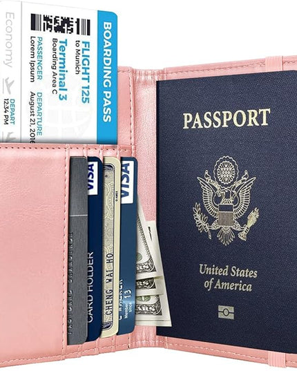 Passport Holder Cover Travel RFID Blocking Passport Cover Rose Gold Cute Flowers Passport Wallet with Elastic Band for Women